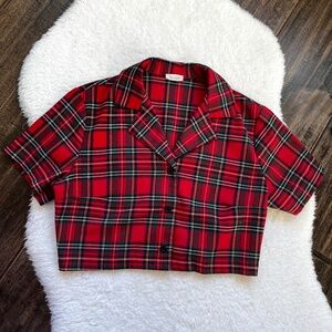 John Galt Vivian Red Plaid Short Sleeve Crop Top